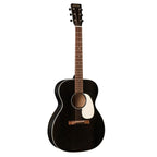 Martin 00017E 17 Series acoustic guitar in Black Smoke finish with MatrixVT Enhance pickup, showing the guitar's body and strings.