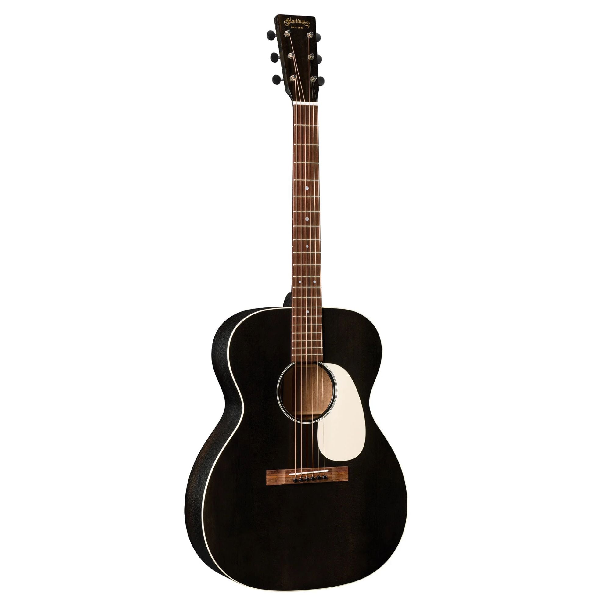 Martin 00017E 17 Series acoustic guitar in Black Smoke finish with MatrixVT Enhance pickup, showing the guitar's body and strings.