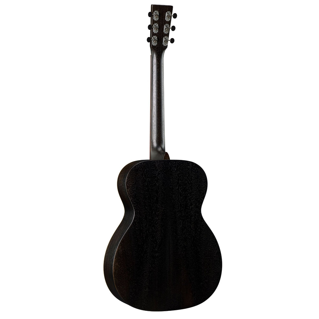 Martin 00017E 17 Series acoustic guitar in Black Smoke finish with MatrixVT Enhance pickup, showcasing the sleek body and detailed fretboard.