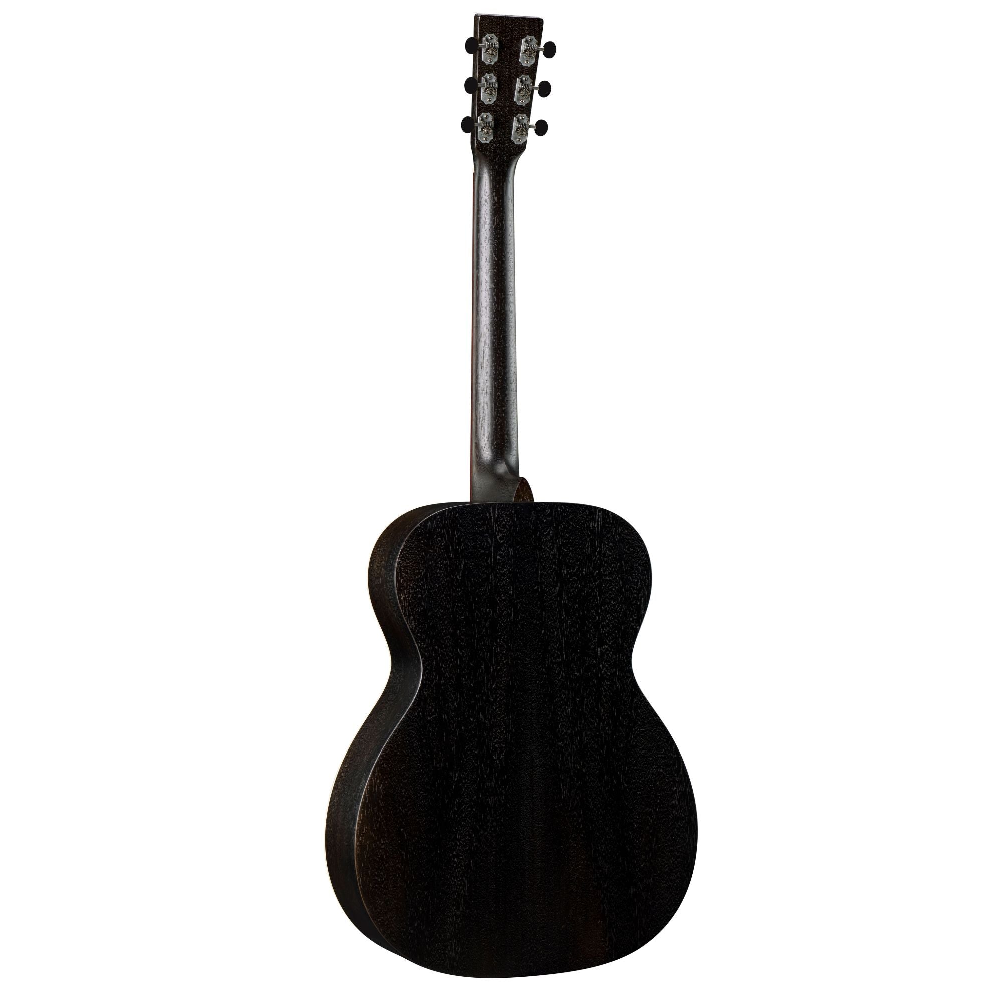 Martin 00017E 17 Series acoustic guitar in Black Smoke finish with MatrixVT Enhance pickup, showcasing the sleek body and detailed fretboard.