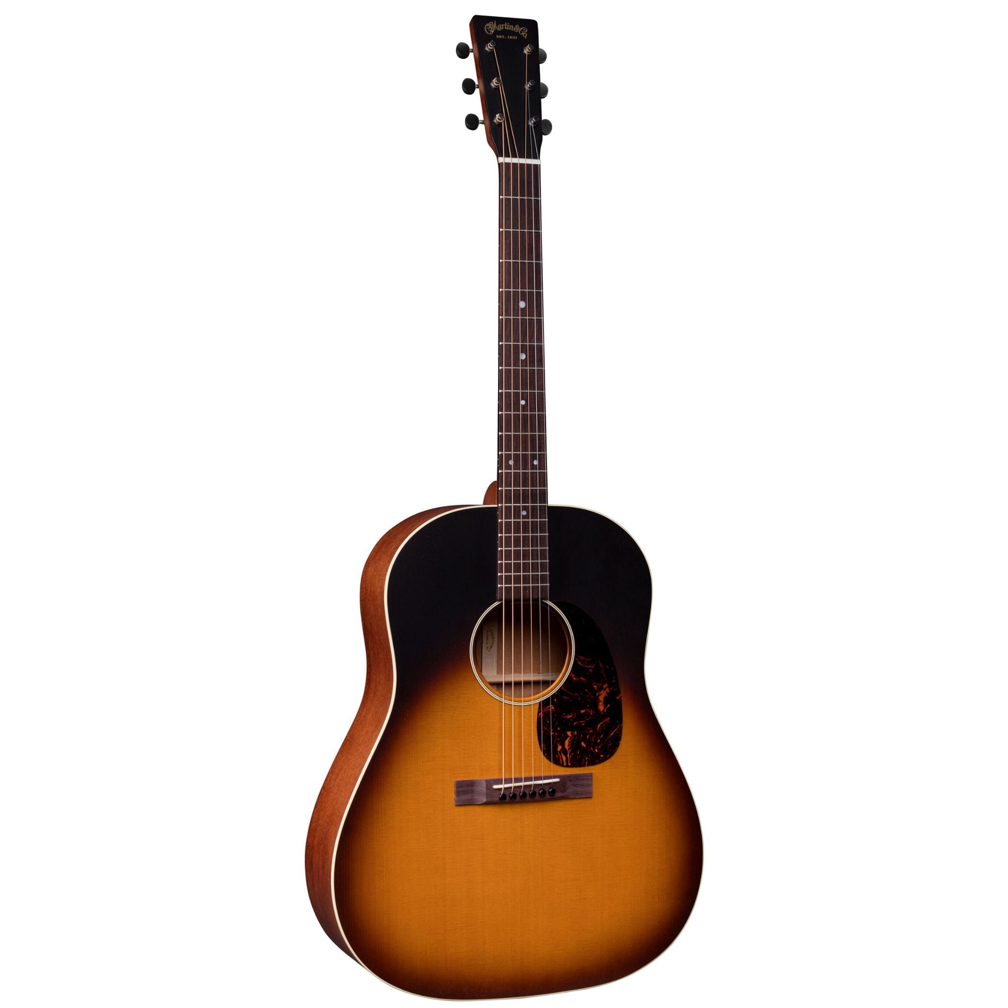 Martin DSS-17 Whiskey Sunset 17 Series dreadnought acoustic guitar with a sunburst finish, showcasing the wood grain and detailed craftsmanship.