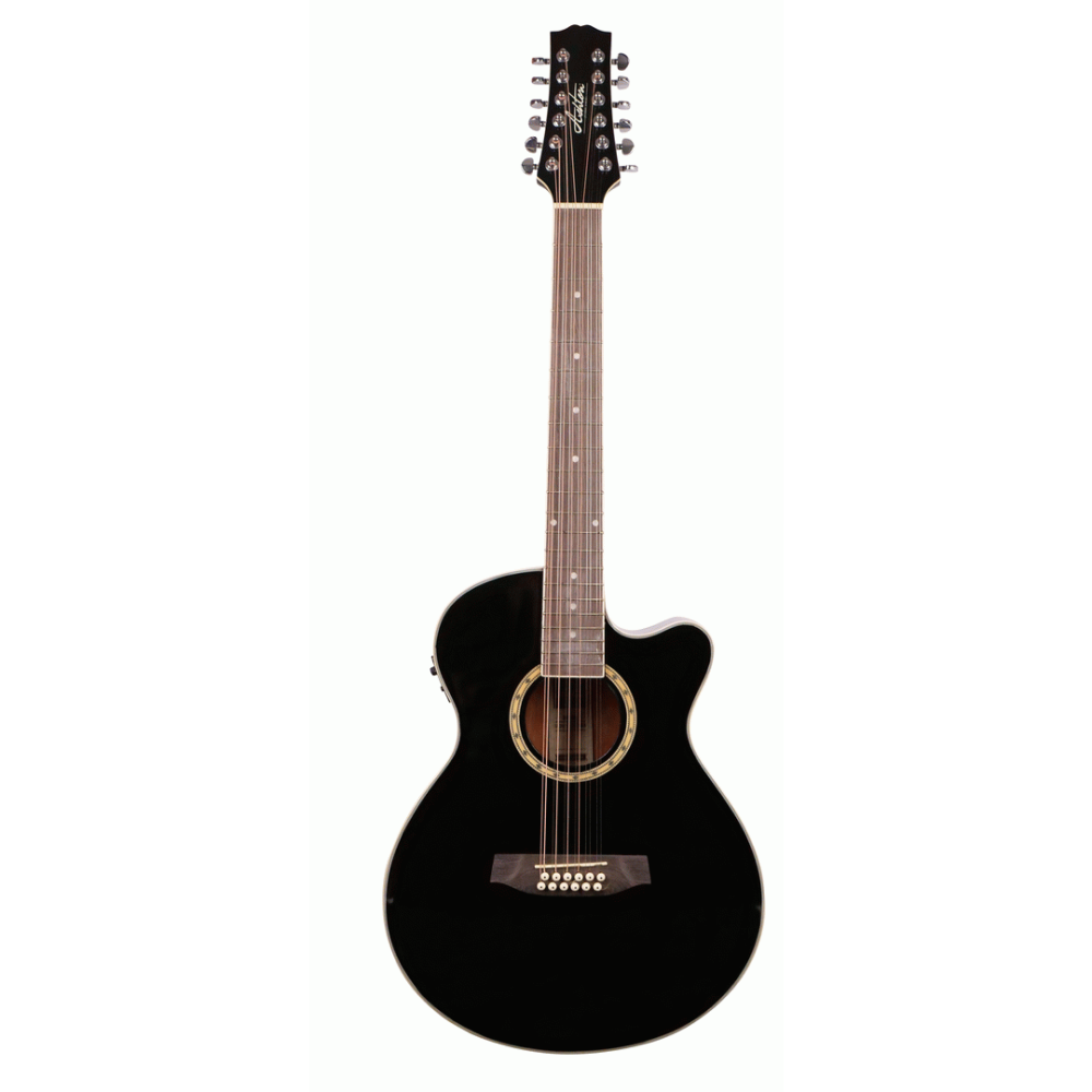 ASHTON Ashton SL29/12CEQBK acoustic-electric guitar with a black finish, showcasing its body, neck, and strings.
