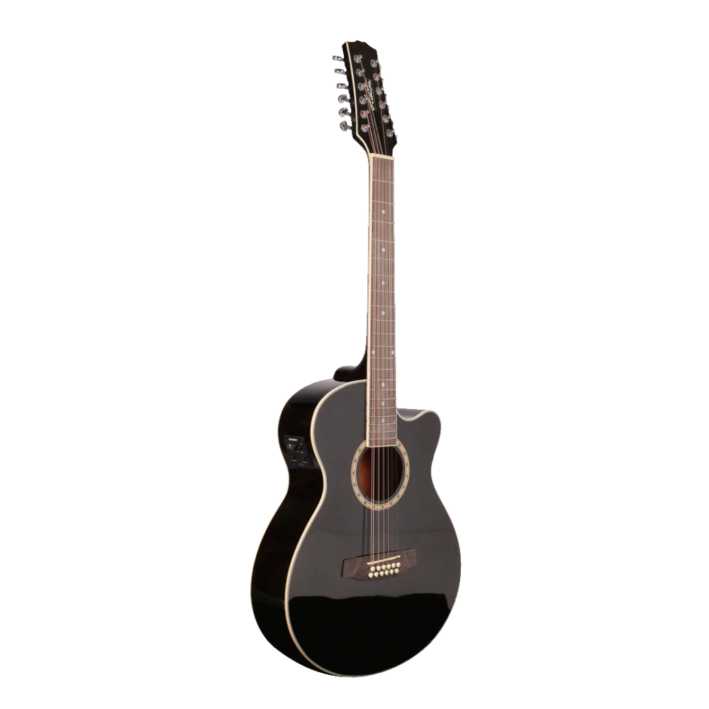 ASHTON SL29/12CEQBK acoustic-electric guitar with a black body and natural wood top, showcasing its versatile design and craftsmanship.