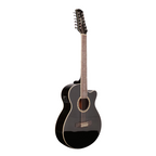 ASHTON SL29/12CEQBK acoustic-electric guitar with a black body and natural wood top, showcasing its versatile design and craftsmanship.
