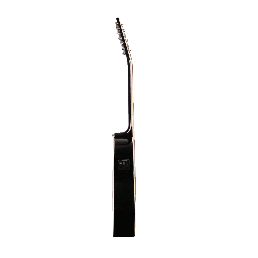 ASHTON SL29/12CEQBK acoustic-electric guitar with a black finish, steel strings, and cutaway design, showcasing the guitar's body and fretboard.