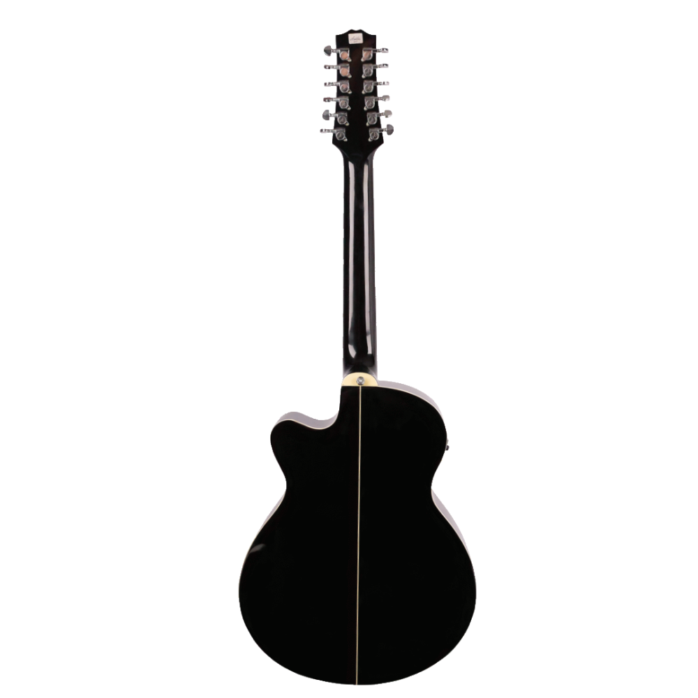 ASHTON Ashton SL29/12CEQBK acoustic-electric guitar with black body and six strings, showing the fretboard and body details.