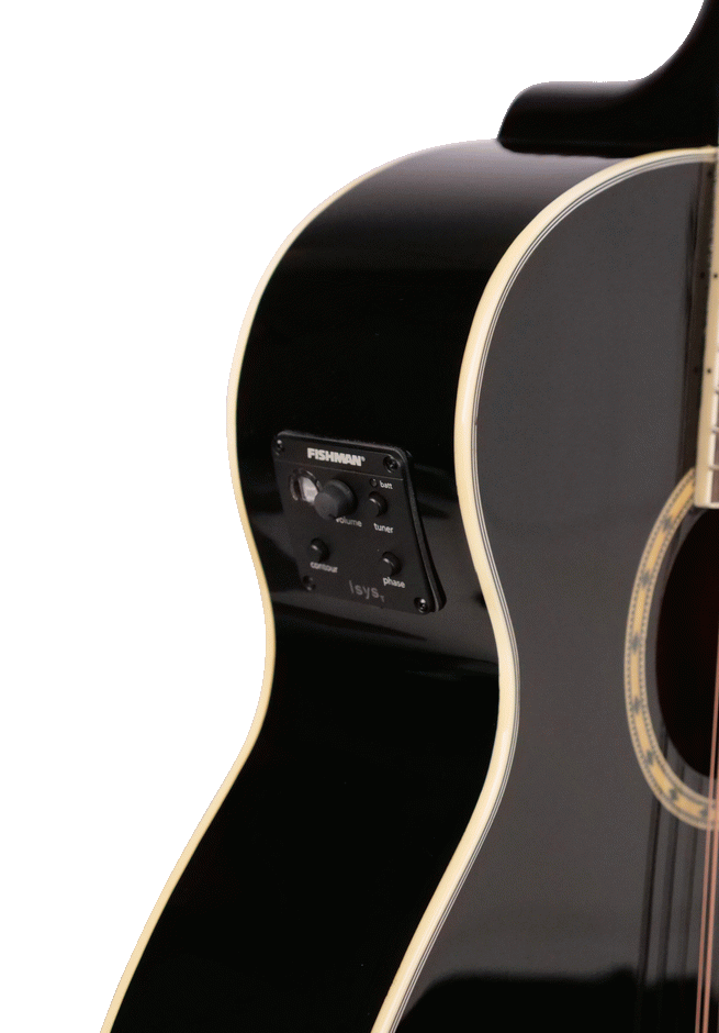 ASHTON SL29/12CEQBK acoustic-electric guitar with a black finish, featuring a cutaway body and steel strings for versatile sound.