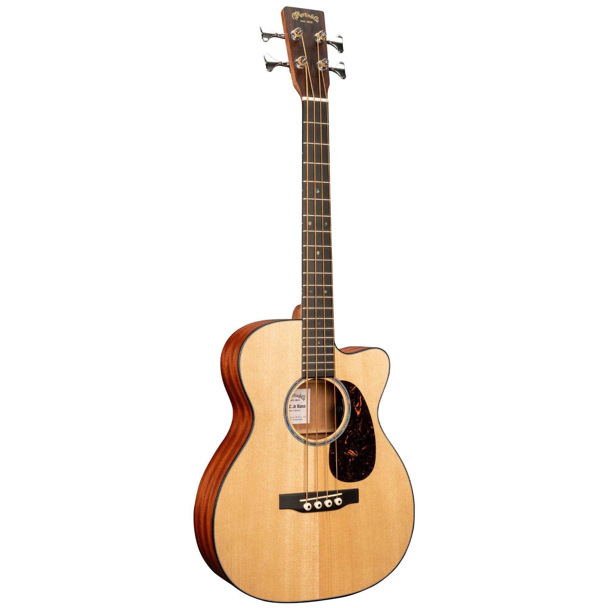 Martin 000CJRE Junior acoustic-electric bass guitar, with a natural wood finish, showing the body and neck of the instrument.