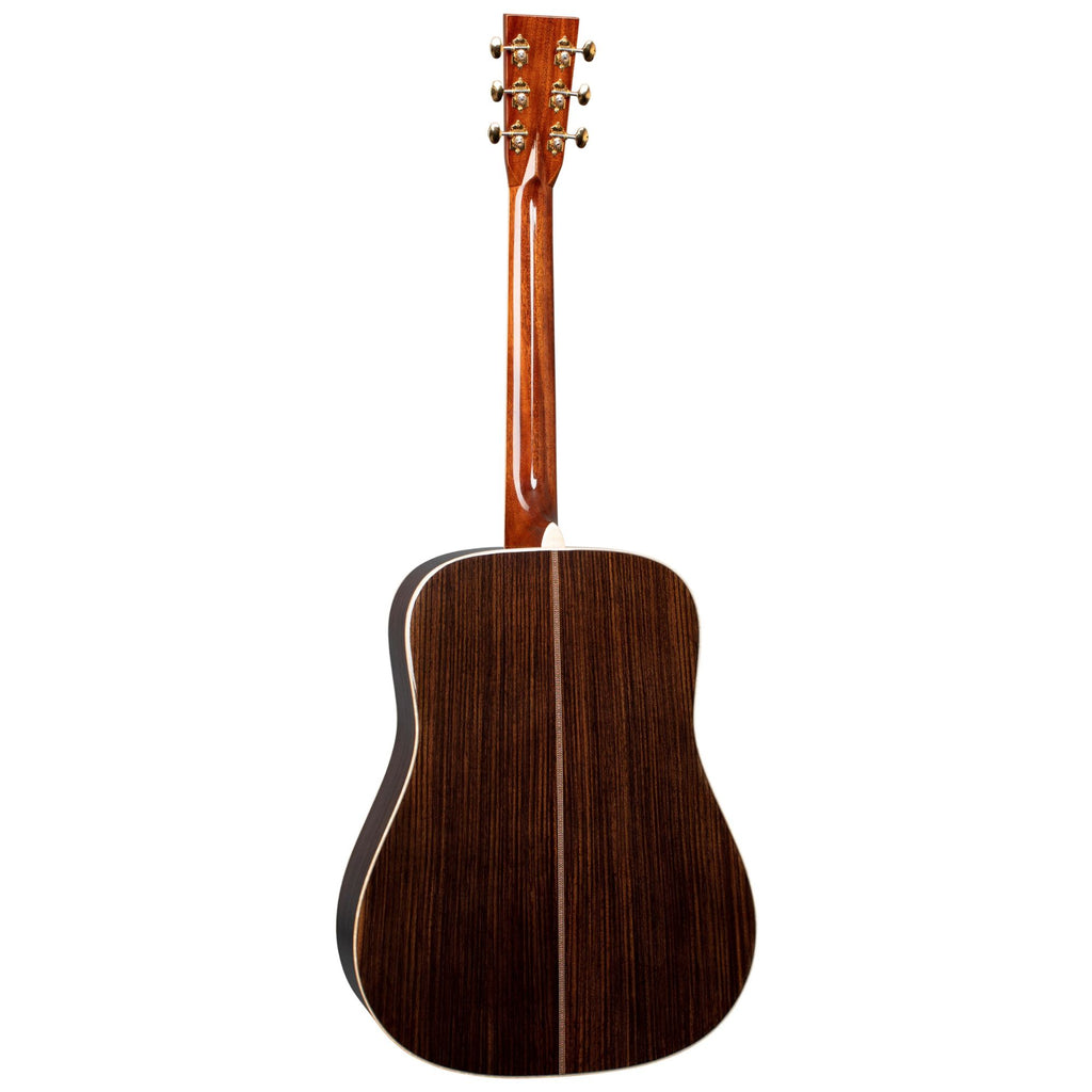 Martin D-42 Modern Deluxe dreadnought acoustic guitar with rich wood grain and detailed inlays, showcasing high-quality craftsmanship.