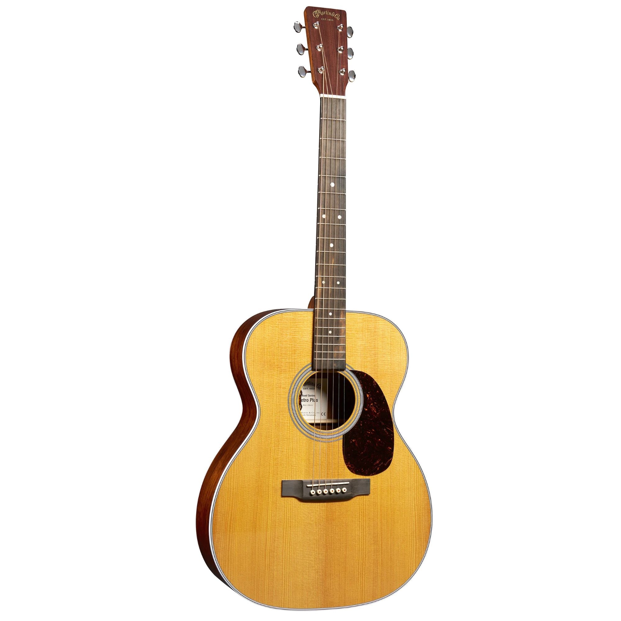 Martin 000E Plus Granadillo Road Series auditorium acoustic guitar for left-handed players, showing the body and top wood grain.