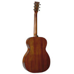 Martin 000E Retro Plus Mahogany auditorium acoustic guitar, showing the body and neck with a rich mahogany finish.