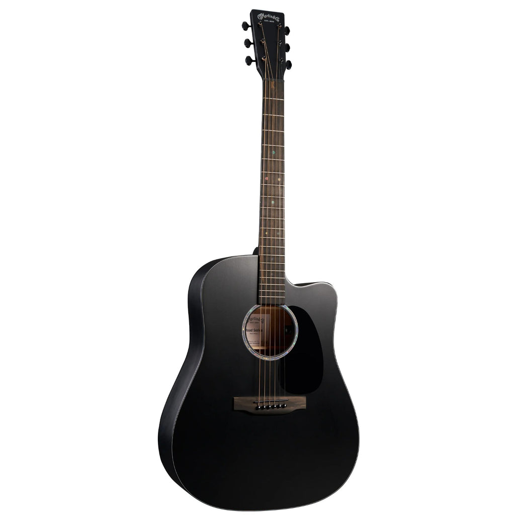 Martin DC-10E Modern Black dreadnought cutaway acoustic guitar from the Road Series, showing the black finish and cutaway body design.