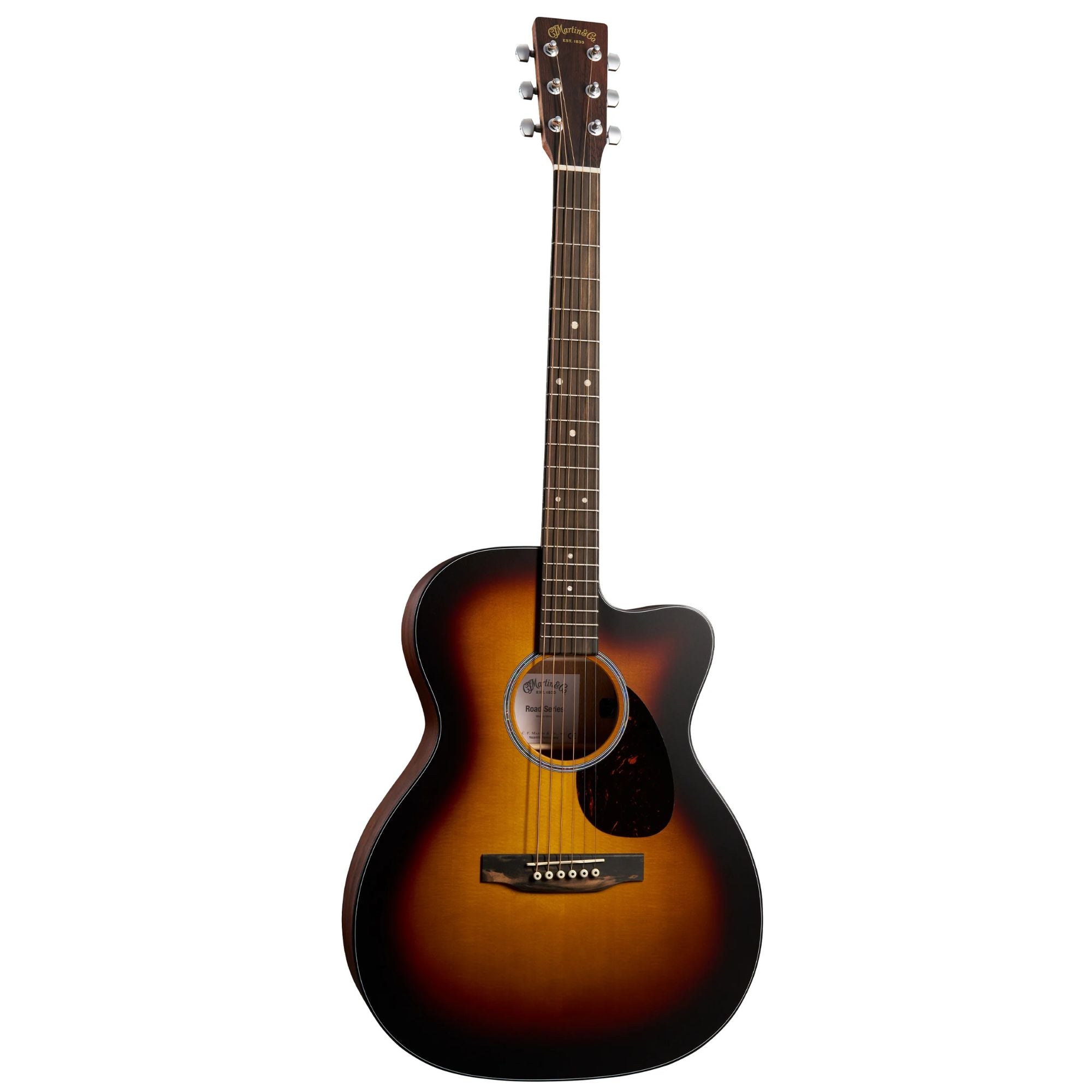 Martin OMC-10E Modern Burst acoustic guitar with cutaway from the Road Series, featuring a sleek burst finish and orchestra body shape.
