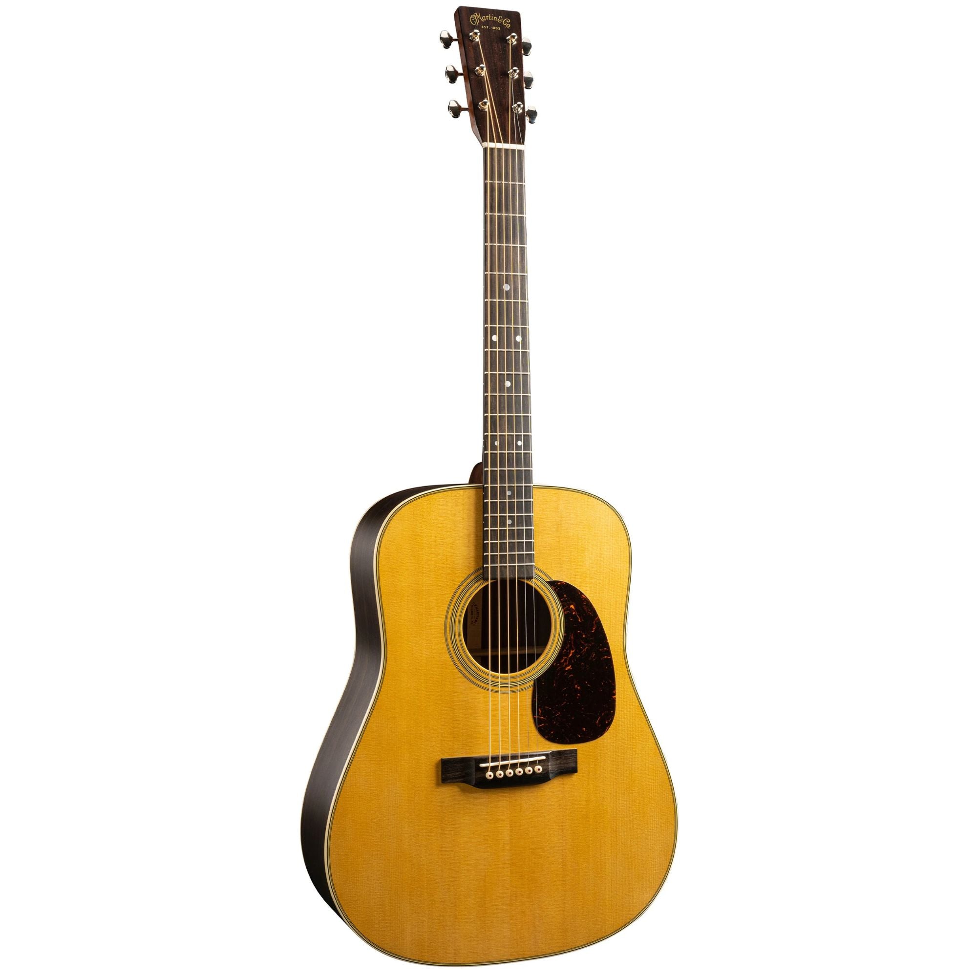 Martin D28 Standard Series dreadnought acoustic guitar with rich wood finish and six steel strings.