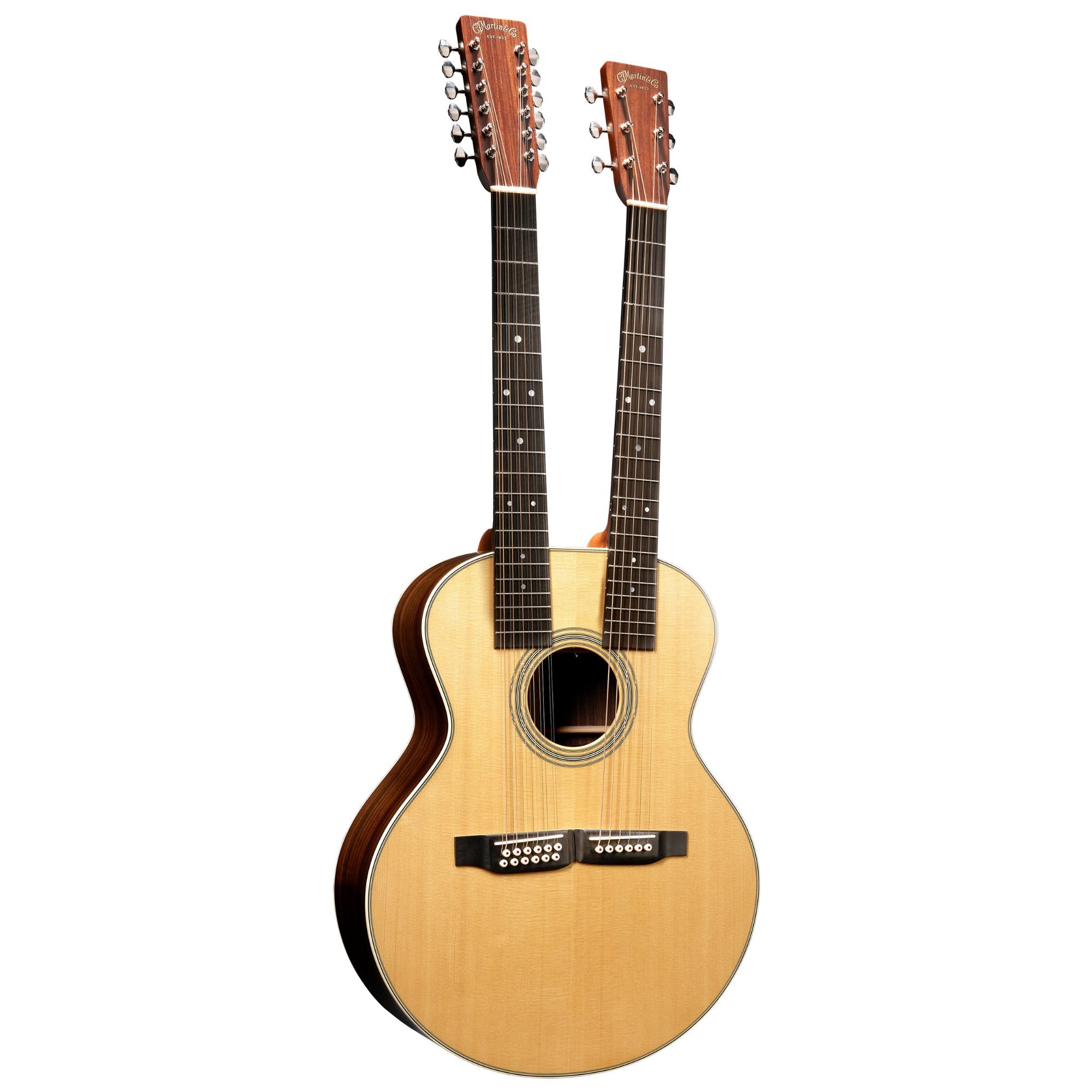 Martin Grand J-28E DN acoustic jumbo double neck guitar with rich wood finish and detailed fretboard, showcasing its double neck design.