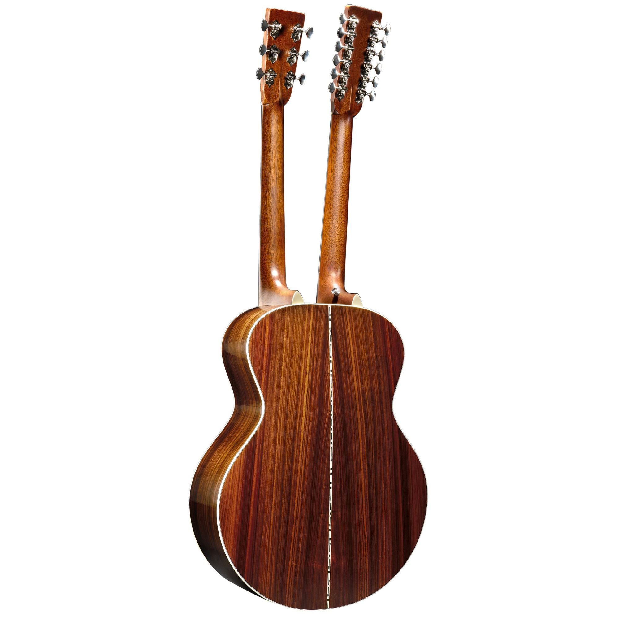 Martin Grand J-28E DN acoustic jumbo double neck guitar with detailed wood grain and dual necks, showcasing its craftsmanship.
