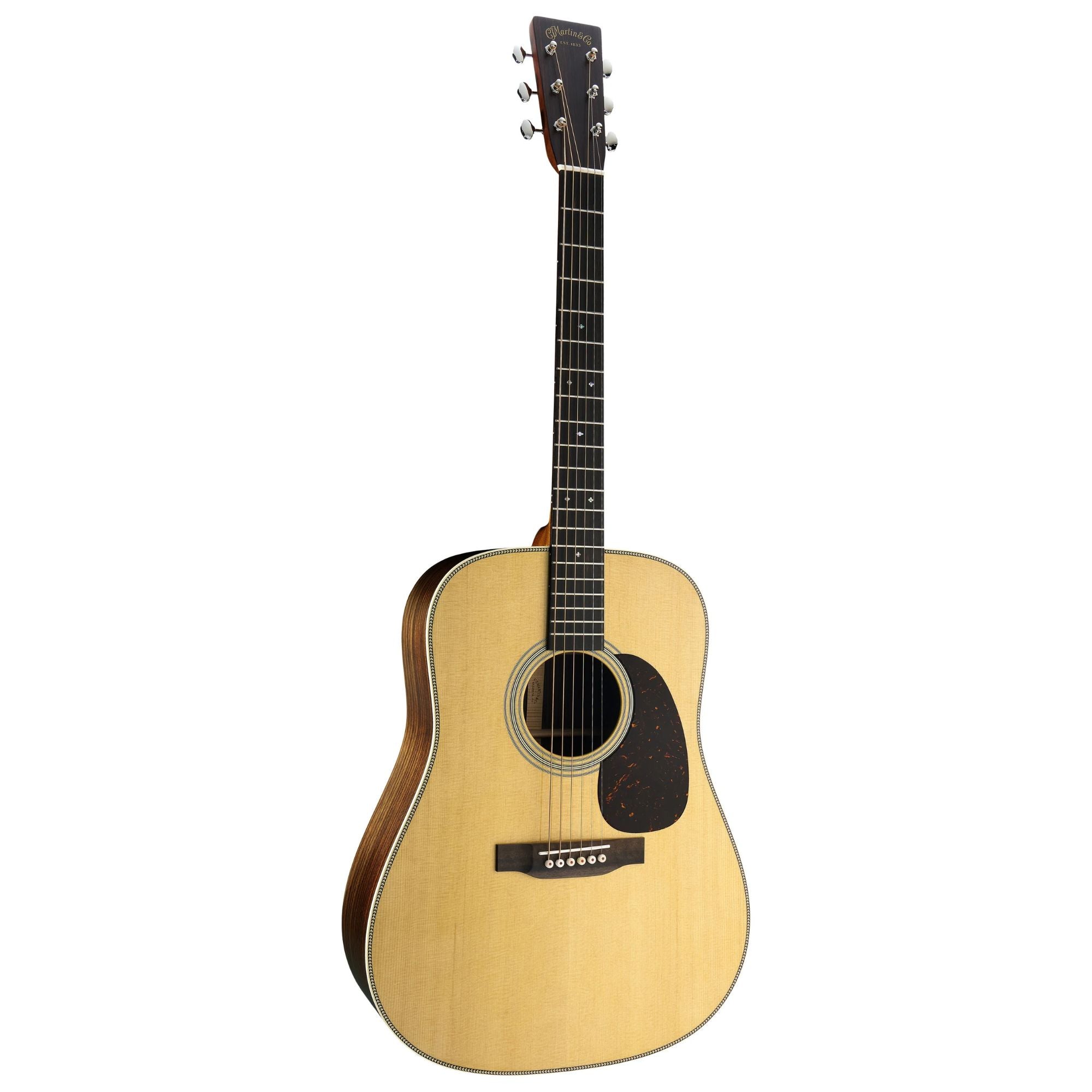 Martin HD28 Standard Series dreadnought acoustic guitar with a natural wood finish, six strings, and detailed rosette design.