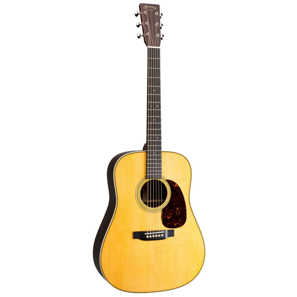 Martin HD28E acoustic dreadnought guitar from Standard Series with AuraVTEnhance system, natural wood finish, and detailed craftsmanship.