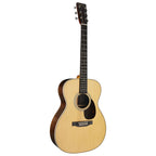 Martin OM28E Standard Series acoustic guitar with AuraVT Enhance system, showcasing a natural wood finish and detailed craftsmanship.