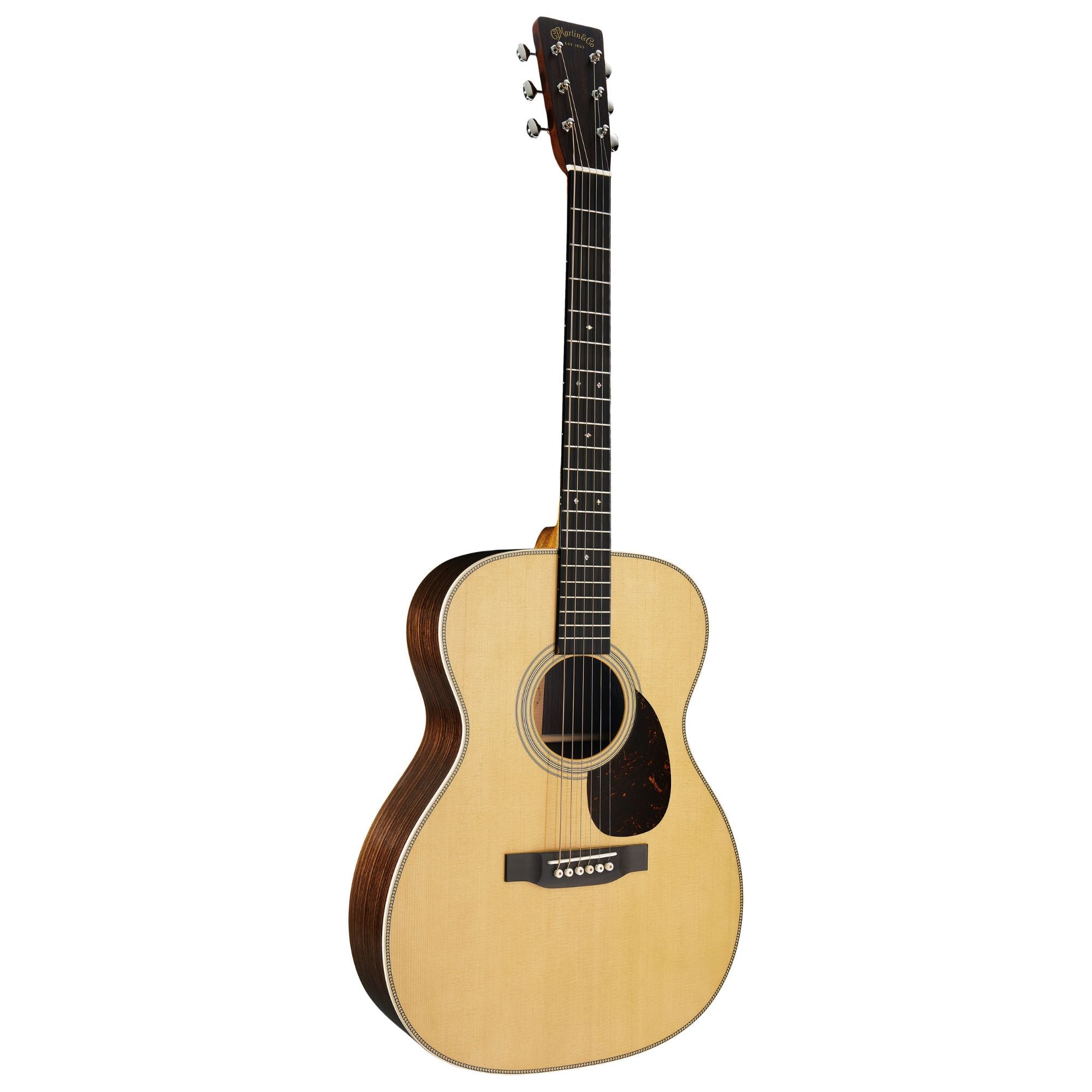 Martin OM28E Standard Series acoustic guitar with AuraVT Enhance system, showcasing a natural wood finish and detailed craftsmanship.
