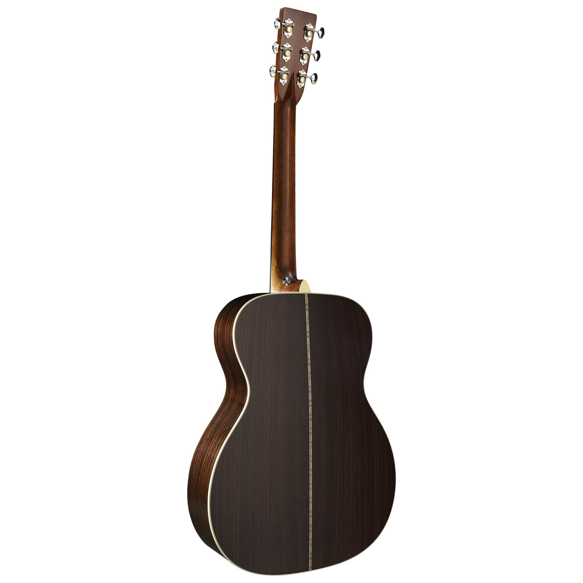 Martin OM28E Standard Series acoustic guitar with AuraVT pickup, showing a natural wood finish and detailed craftsmanship.