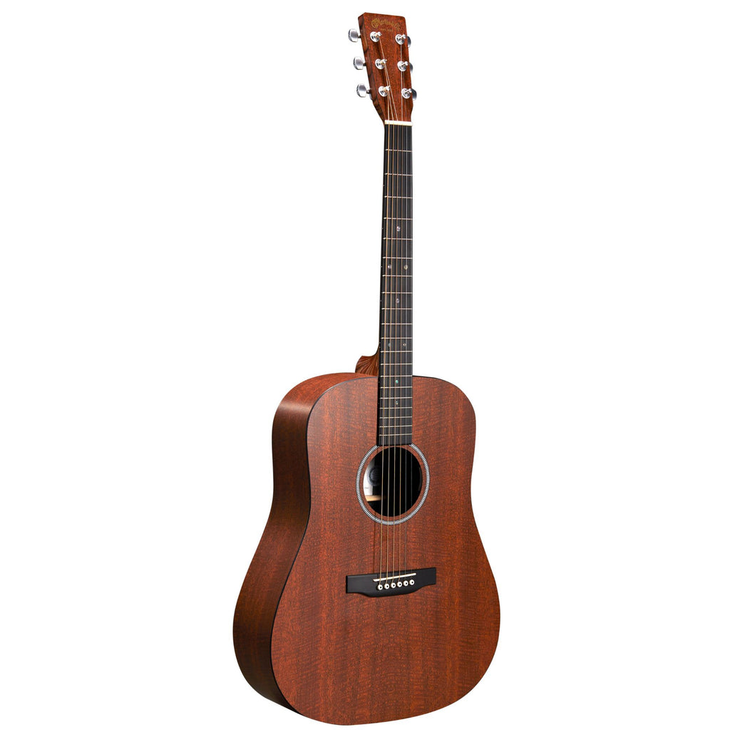 Martin DX1E X Series dreadnought acoustic guitar in mahogany with built-in pickup, shown with close-up of the guitar body and soundhole.