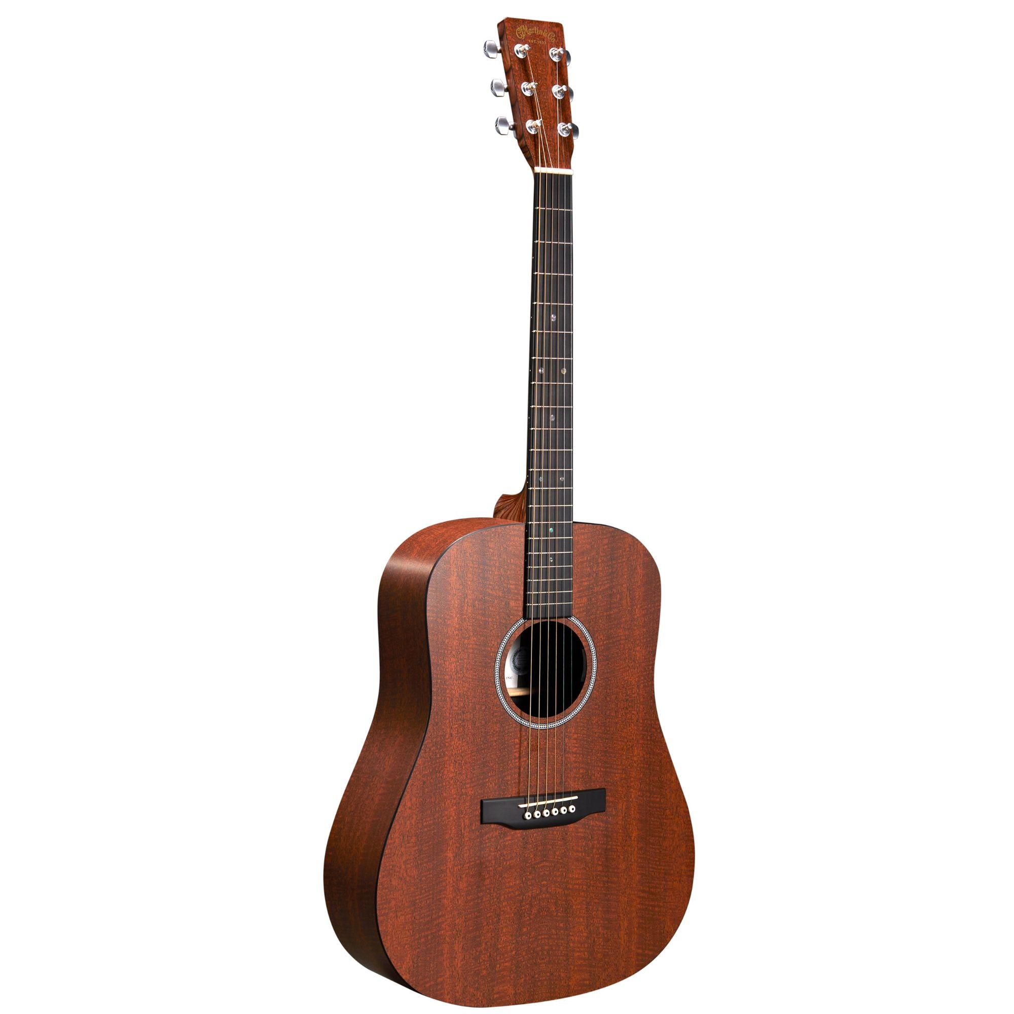 Martin DX1E X Series dreadnought acoustic guitar in mahogany with built-in pickup, shown with close-up of the guitar body and soundhole.
