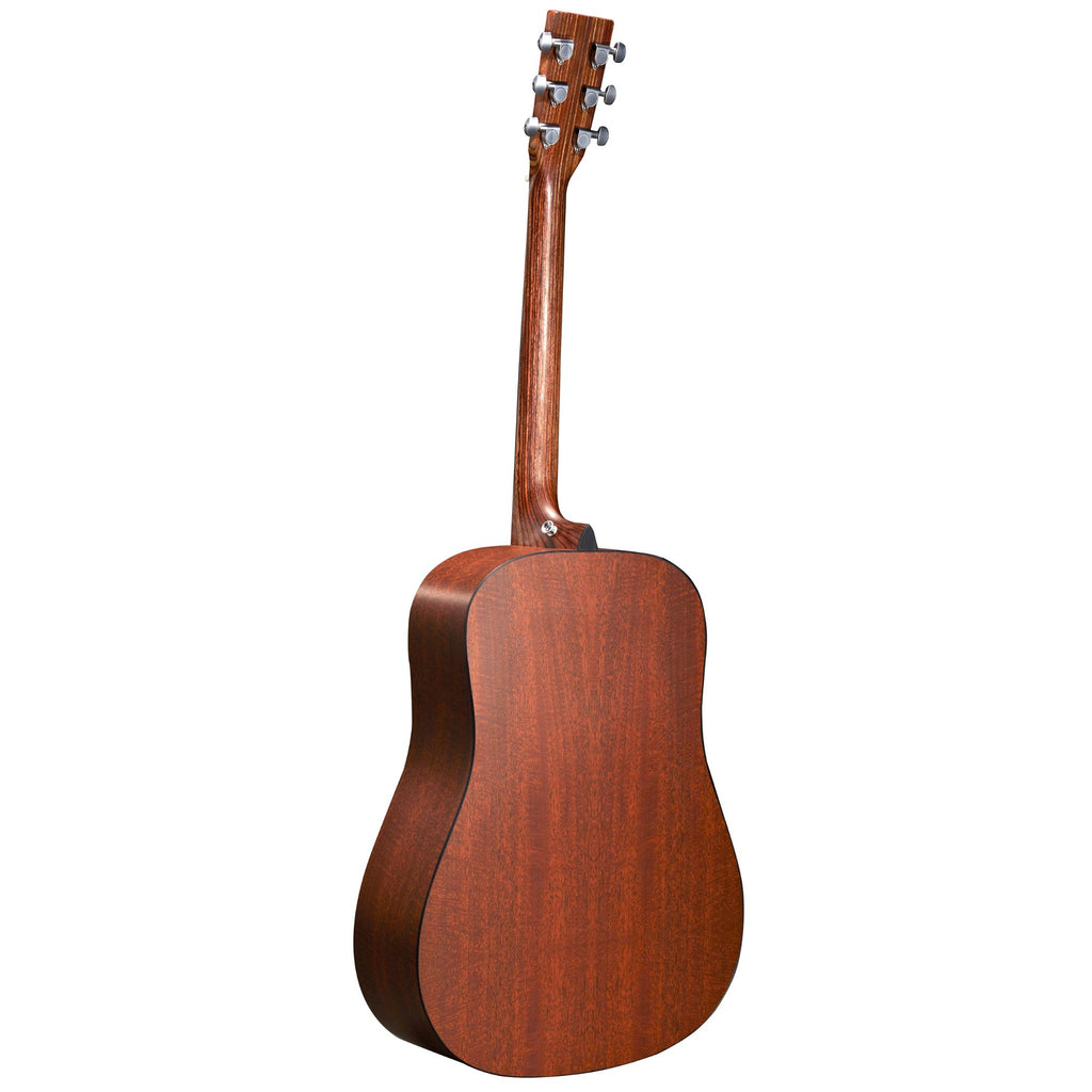 Martin DX1E X Series dreadnought acoustic guitar in mahogany with built-in pickup, showing the guitar's body and strings.