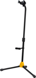Hercules GS412BSW guitar stand holding an electric guitar with a sturdy black and silver design for secure display.