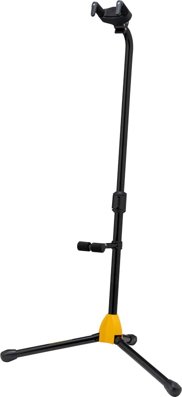 Hercules GS412BSW guitar stand holding an electric guitar with a sturdy black and silver design for secure display.
