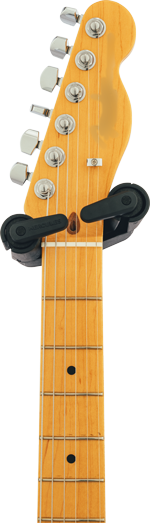 Hercules GS412BSW guitar stand holding an electric guitar with a sturdy black and silver design for secure support.