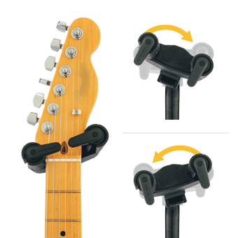 Hercules GS412BSW guitar stand holding an electric guitar, showcasing sturdy build and easy-to-use support for musical instruments.