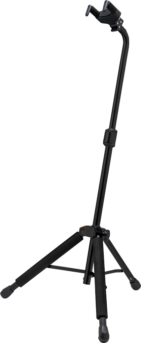 Hercules GS414BSW guitar stand holding an acoustic guitar, black metal frame with padded supports for secure, stable display.
