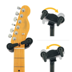 Hercules GS414BSW guitar stand holding an electric guitar, black metal frame with padded supports for secure placement.