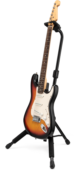 Hercules GS414BSW guitar stand holding an electric guitar, featuring a sturdy black frame and padded support for secure placement.