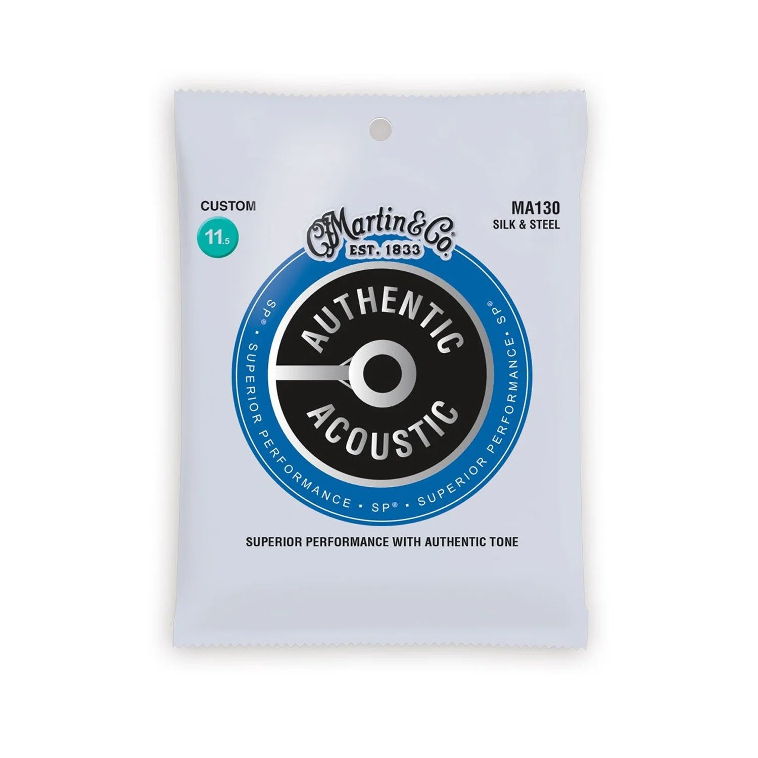 Martin Authentic Silk and Steel acoustic guitar strings in 11.5-47 gauge, showing the packaged strings with branding and product details.