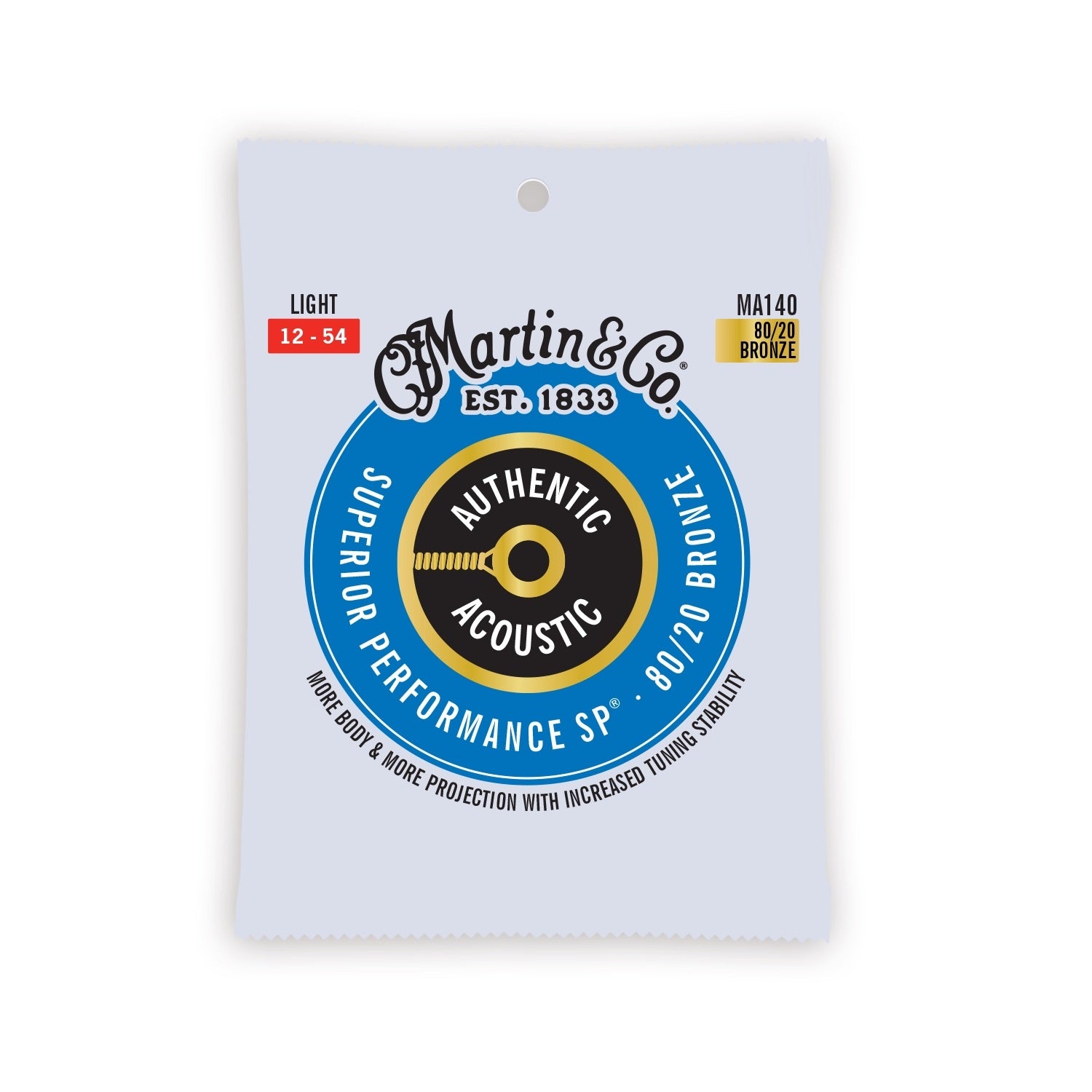 Martin Authentic Light 12-54 80/20 Bronze Acoustic Guitar Strings, close-up of package showing string gauges and branding.