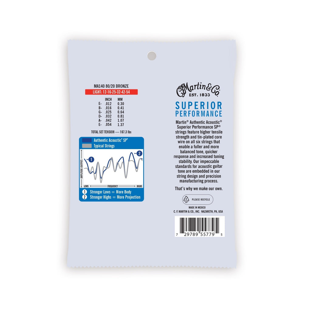 Martin Authentic Light 12-54 80/20 Bronze acoustic guitar strings on a guitar, showcasing the packaging and string details.