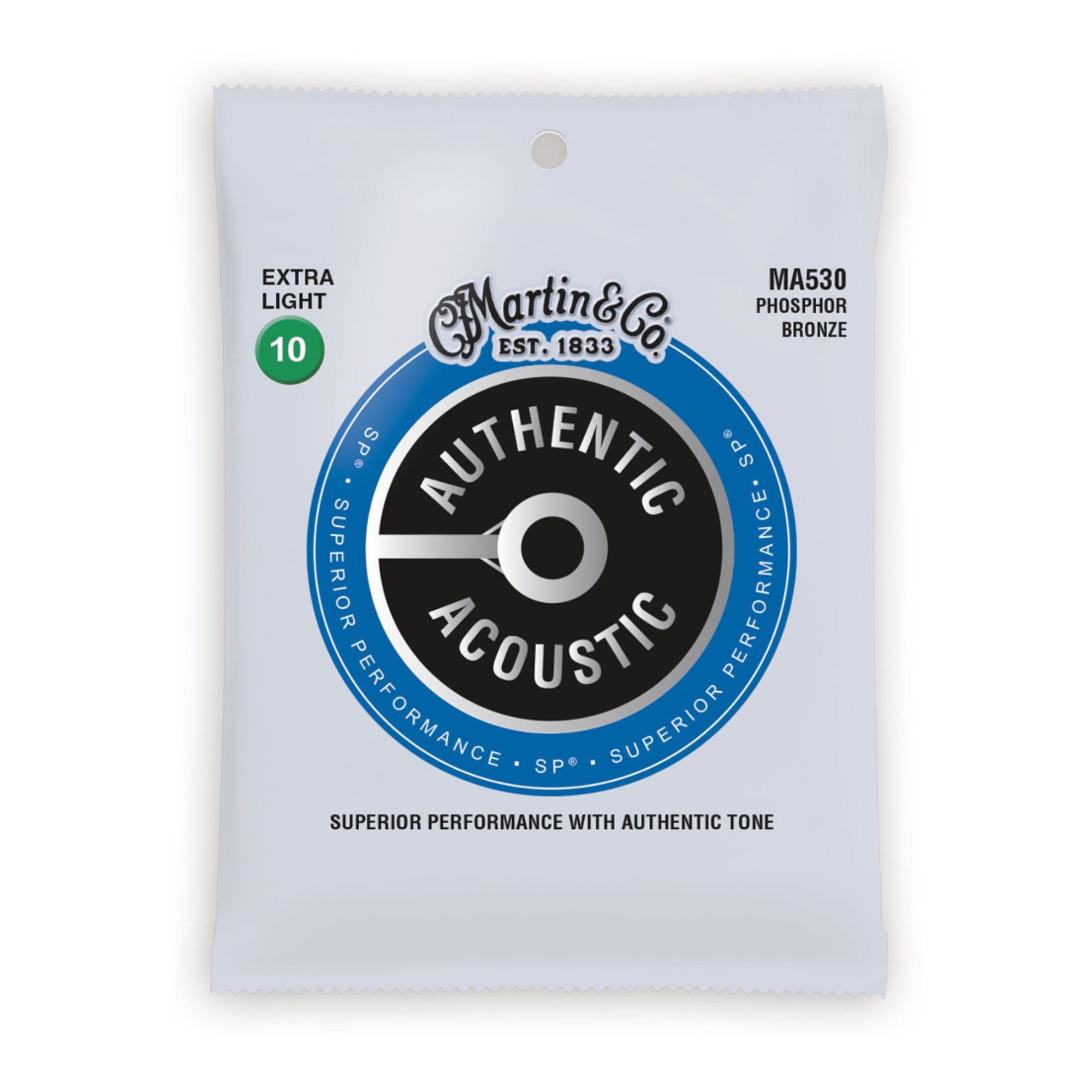 Martin MA530 acoustic guitar strings in 10-47 phosphor bronze, extra light gauge, with SP 92/8 packaging visible in the image.