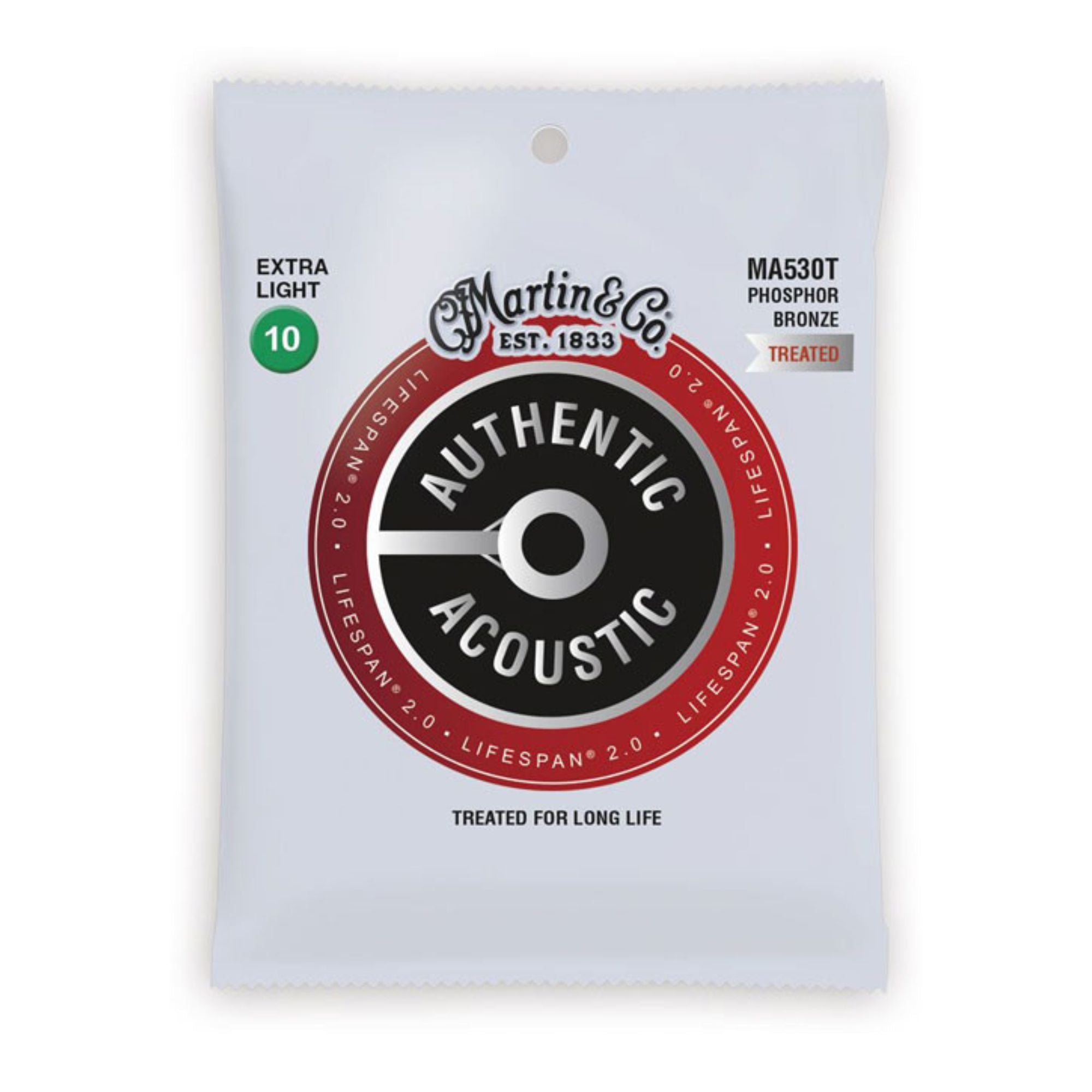 Martin Authentic Treated Extra Light 10-47 phosphor bronze acoustic guitar strings, showing the packaging and strings.