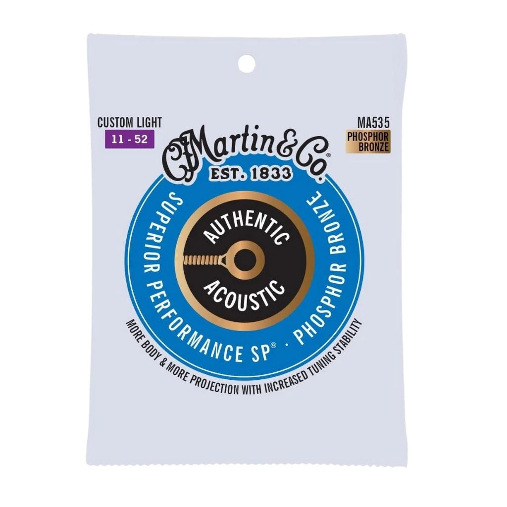 Martin MA535 Authentic Acoustic Strings, 11-52 phosphor bronze, custom light gauge, for acoustic guitars, on a white background.