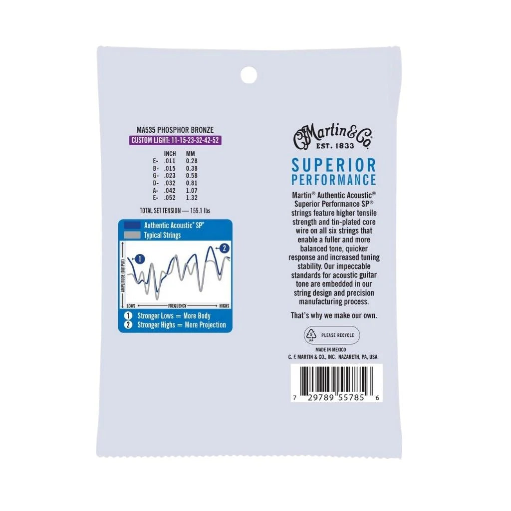 Martin MA535 Authentic Acoustic 11-52 phosphor bronze guitar strings, custom light gauge, for acoustic guitars, SP 92/8.