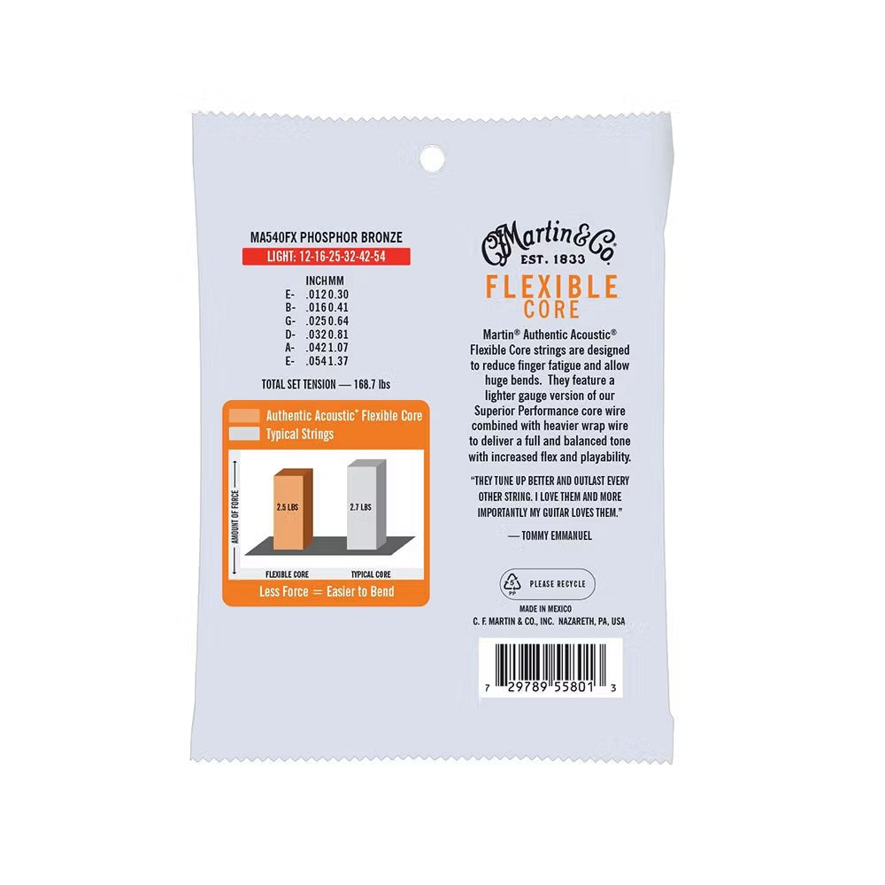 Martin Tommy's Choice 12-54 acoustic guitar strings with flexible core, shown on a guitar. Durable and high-quality Martin brand strings.