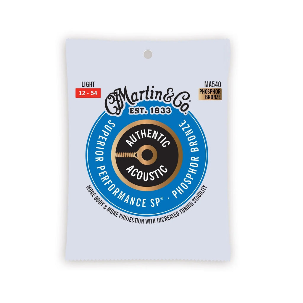 Martin Authentic Light 12-54 phosphor bronze acoustic guitar strings, three sets, featuring bright tone and durable construction.