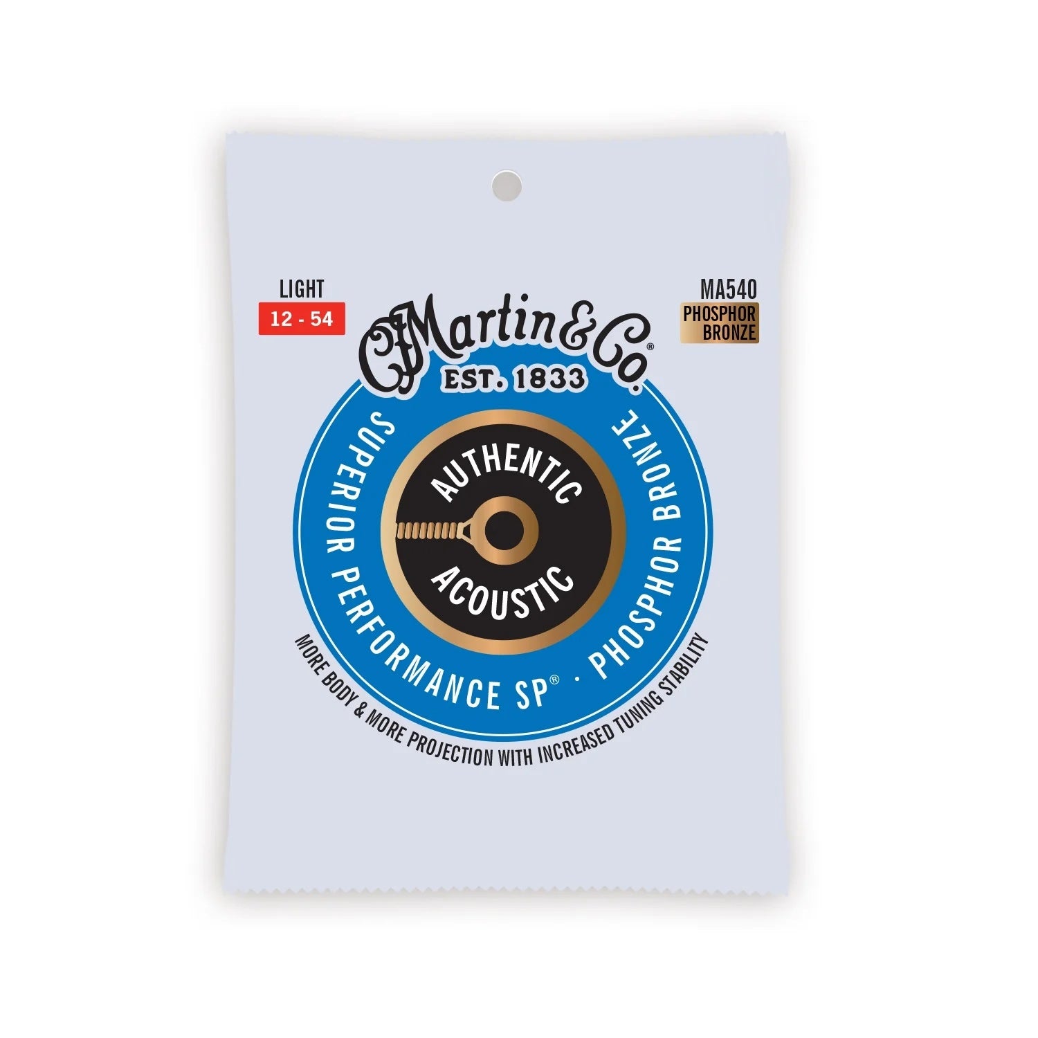 Martin Authentic Light 12-54 phosphor bronze acoustic guitar strings, three sets, featuring bright tone and durable construction.