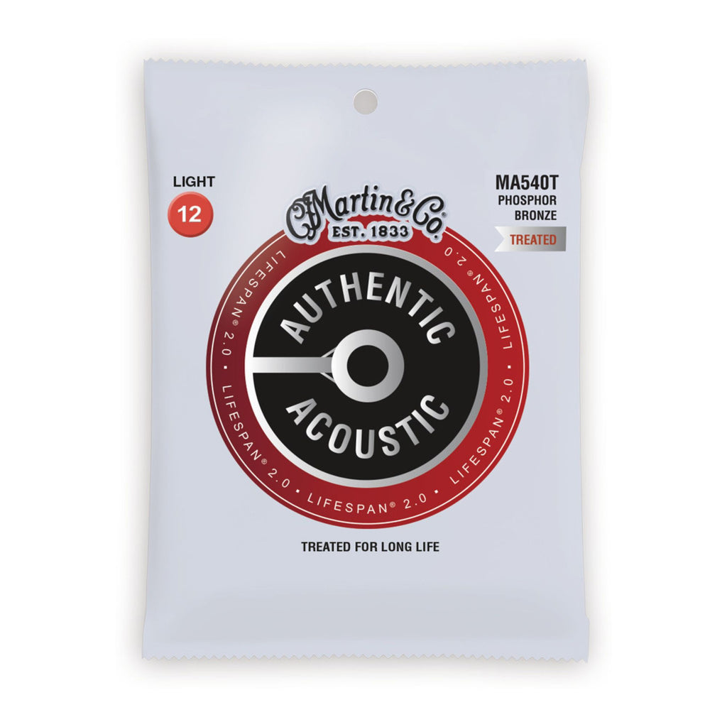 Martin Authentic Treated Light 12-54 phosphor bronze acoustic guitar strings on a guitar, showcasing the string packaging.