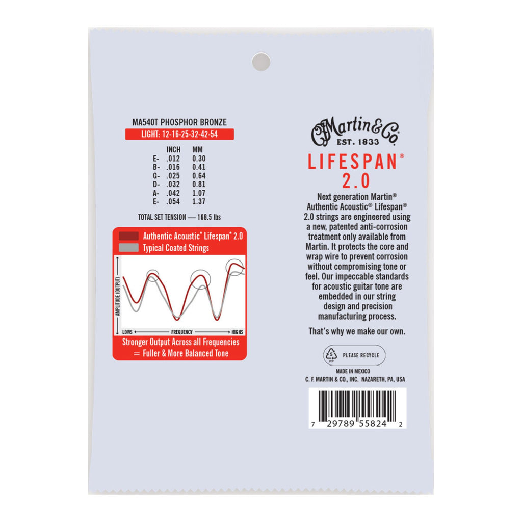 Martin Authentic Treated Light 12-54 phosphor bronze acoustic guitar strings on a guitar, showing the packaging and string details.