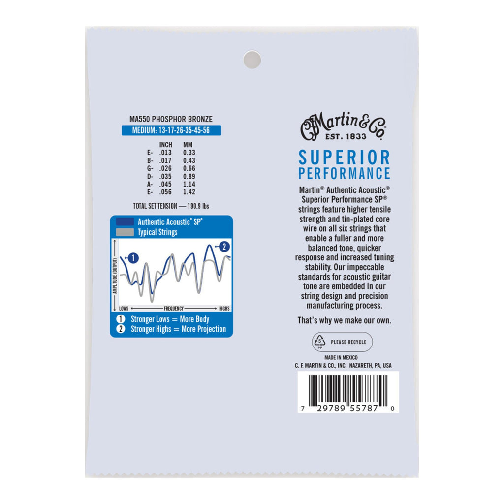 Martin MA550 authentic acoustic guitar strings, phosphor bronze medium gauge, shown on a guitar with the packaging visible.