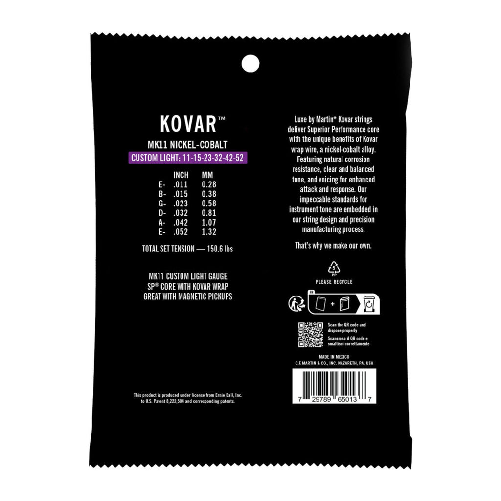 Martin Kovar Custom Light acoustic guitar strings, 11-52 gauge, nickel and cobalt, shown on a guitar.