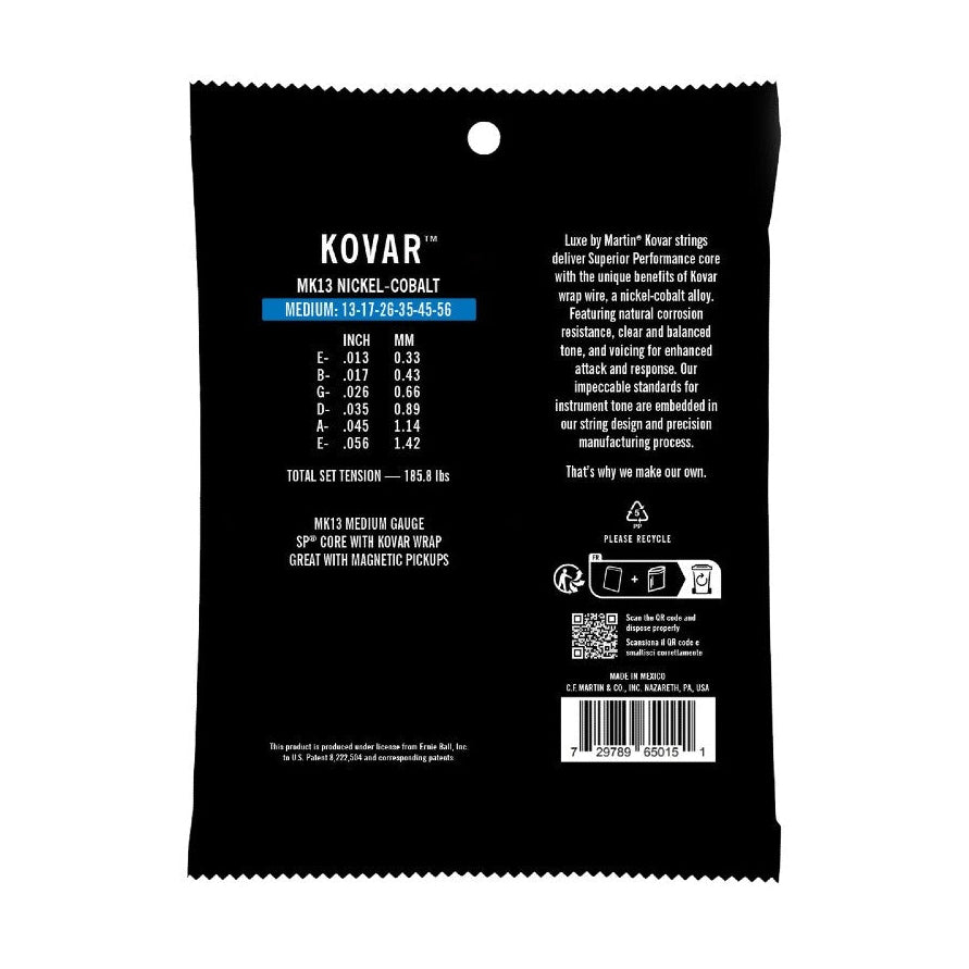 Martin Kovar Medium 13-56 nickel/cobalt acoustic guitar strings, showing the packaged set with branding and string gauge details.